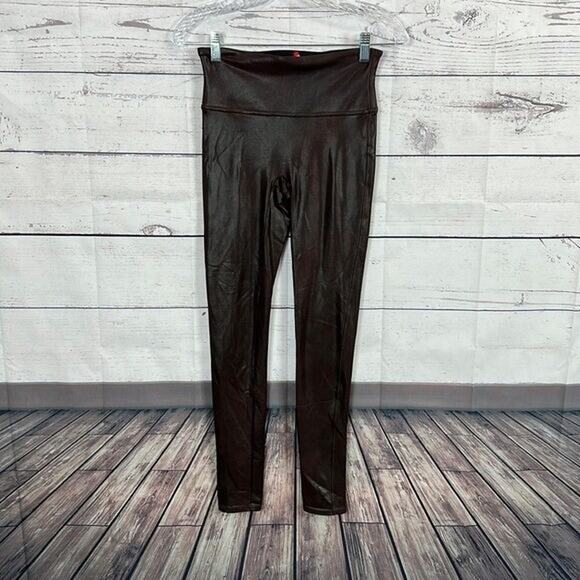 Spanx Leggings Faux Leather Womens Small Maroon High Rise Shaping Ankle - Picture 1 of 13